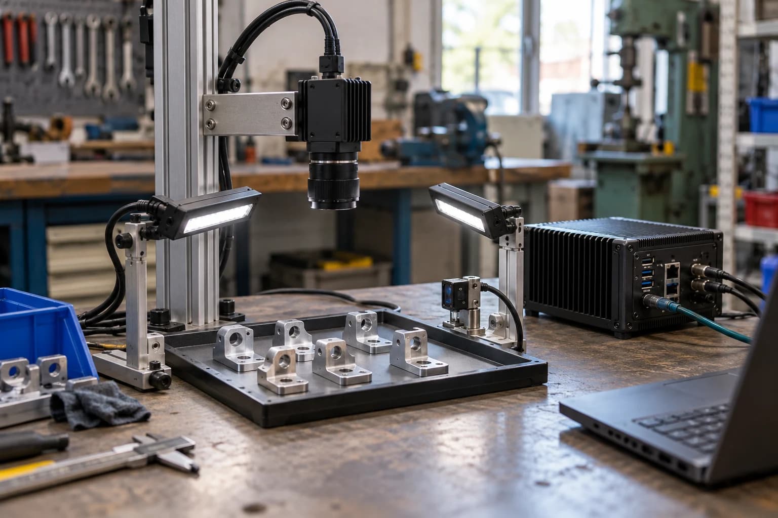 Practical engineering test bench combining a downward-facing industrial camera, sensor and edge computer