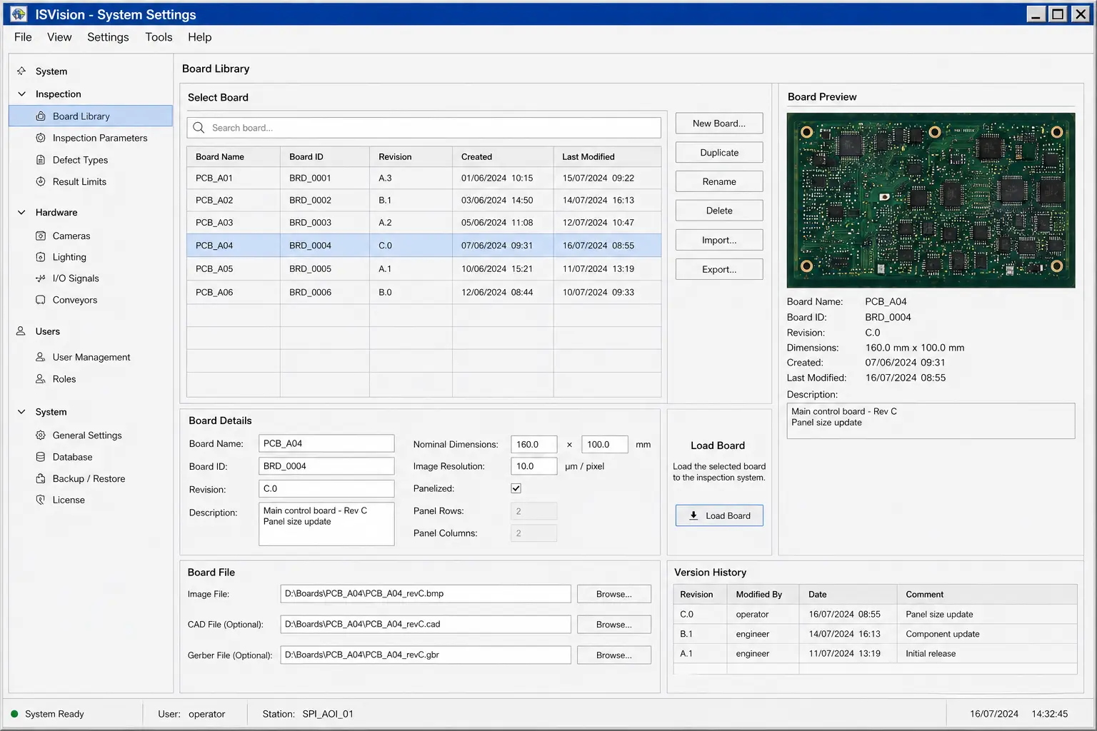 Settings view of the PCB fault detection system
