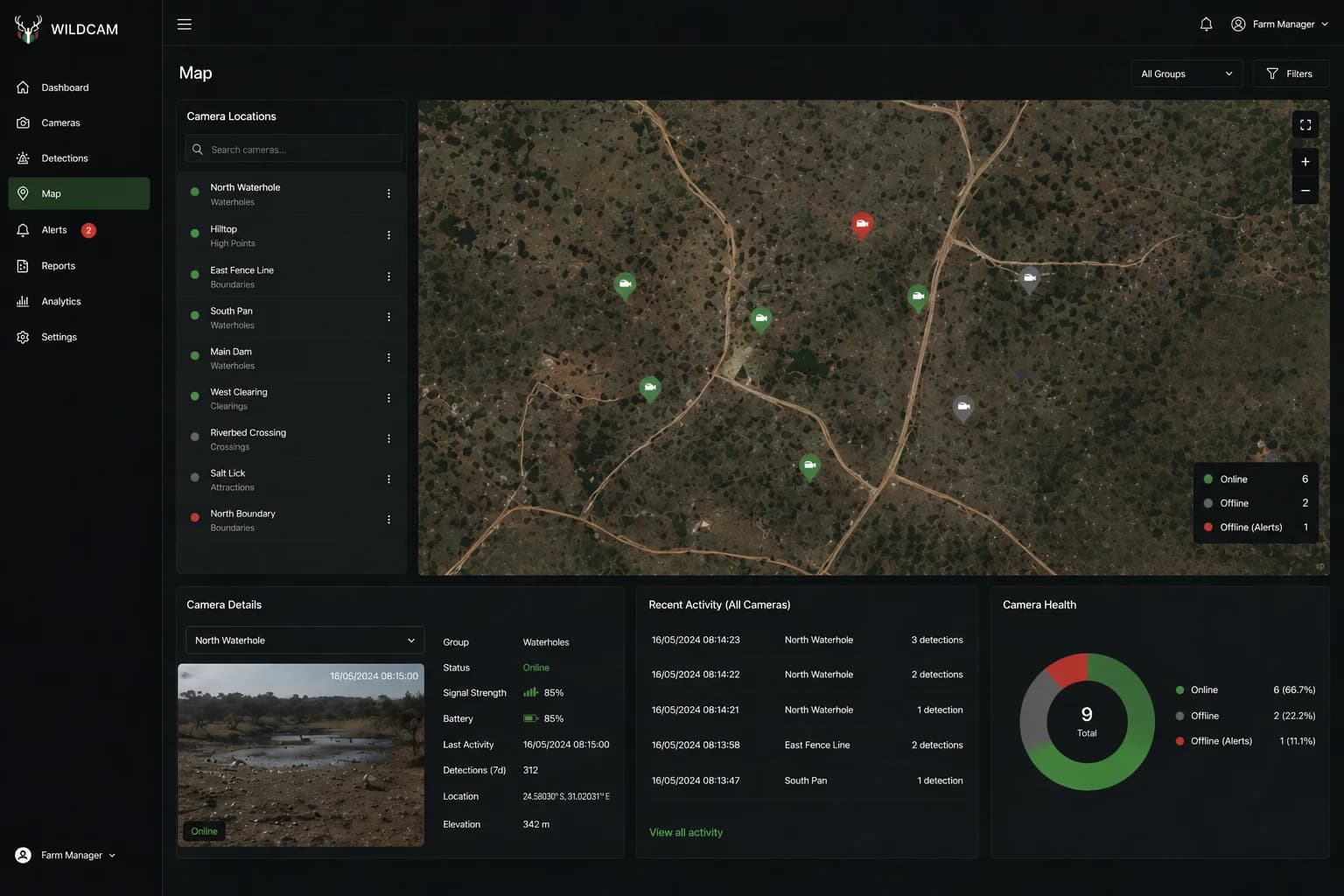 Map view of the Wildcam wildlife monitoring platform