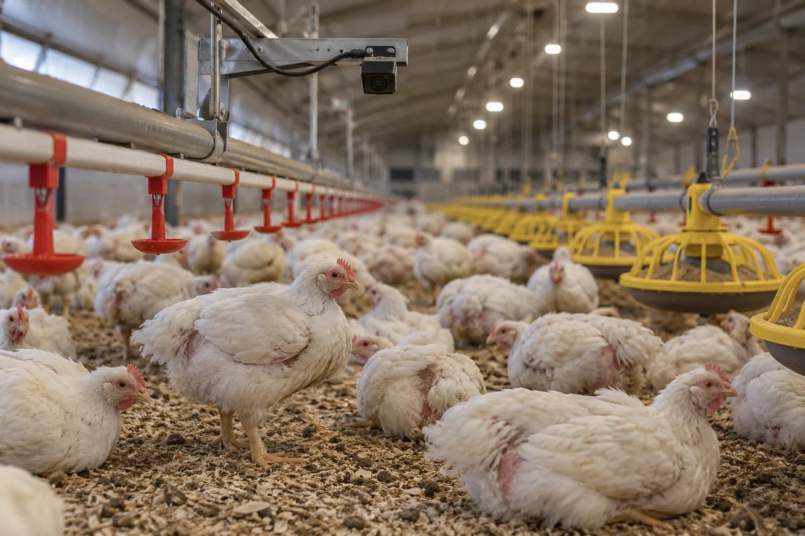 Realistic illustrative broiler-house scene with chickens, feeding equipment and an overhead monitoring camera