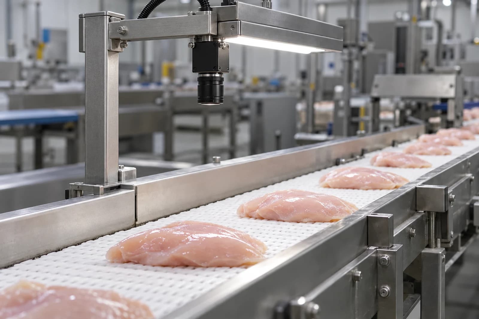 Realistic illustrative poultry processing conveyor with chicken portions, a fixed camera and practical inspection lighting