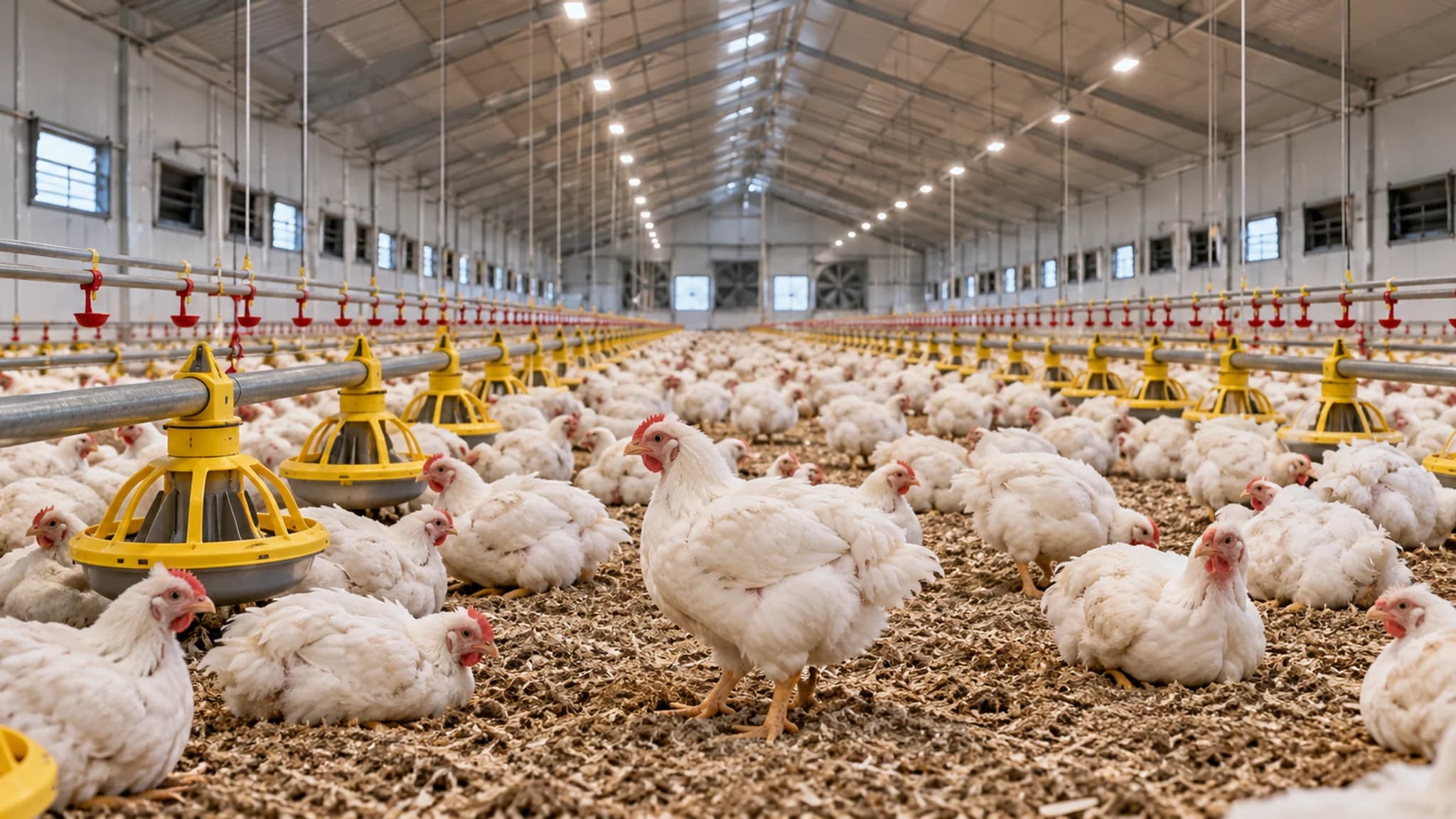 AI-generated illustration of broilers, feeders and drinker lines in a generic poultry house